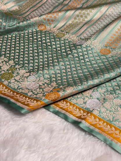 Turquoise Shades Floral Minakari Skirt Border Mashru Silk Saree MSM-83