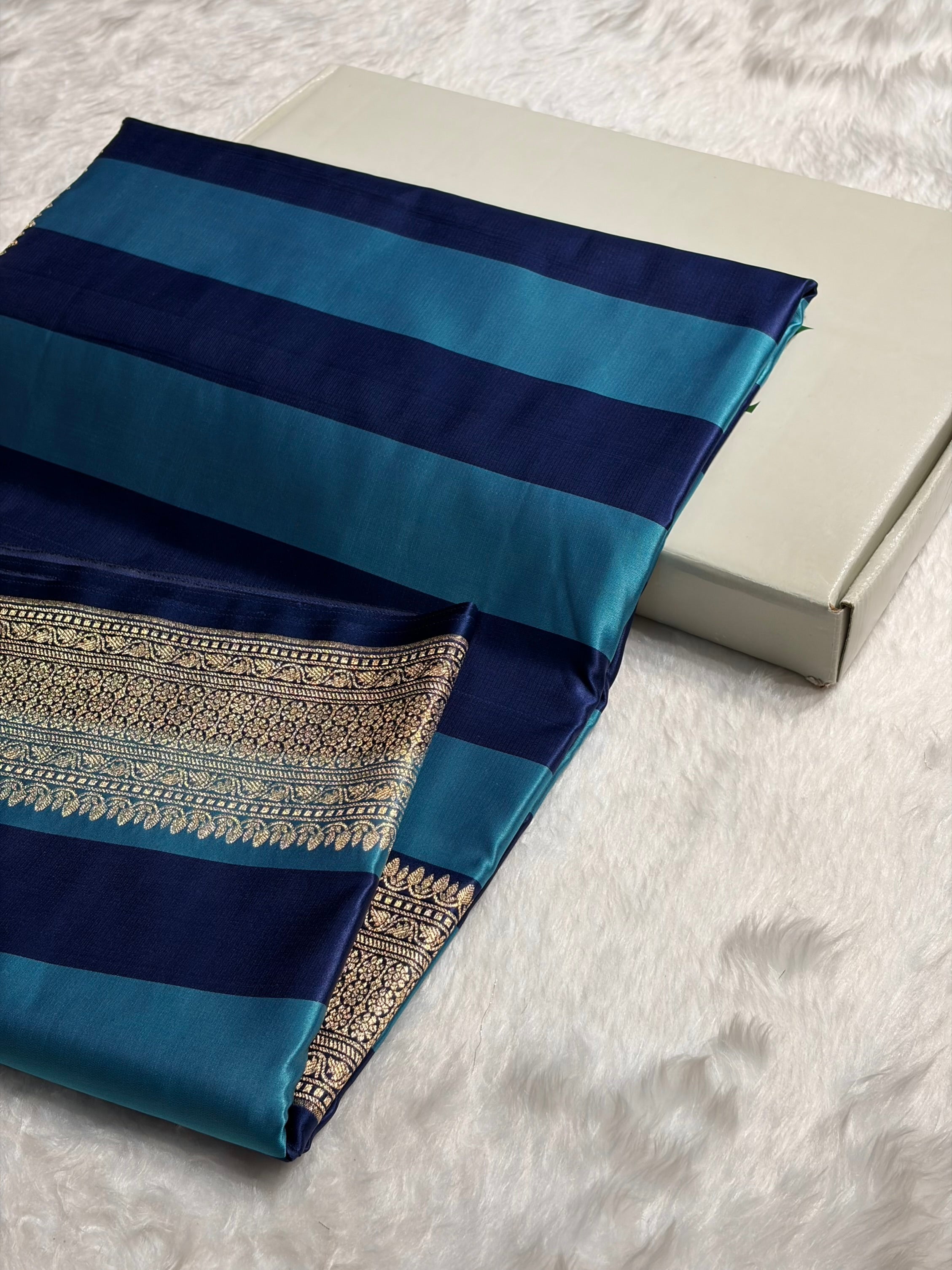 Sky Blue With German Blue Horizontal Strips Floral Border & Brocket Blouse Mashru Silk Saree MSM-84