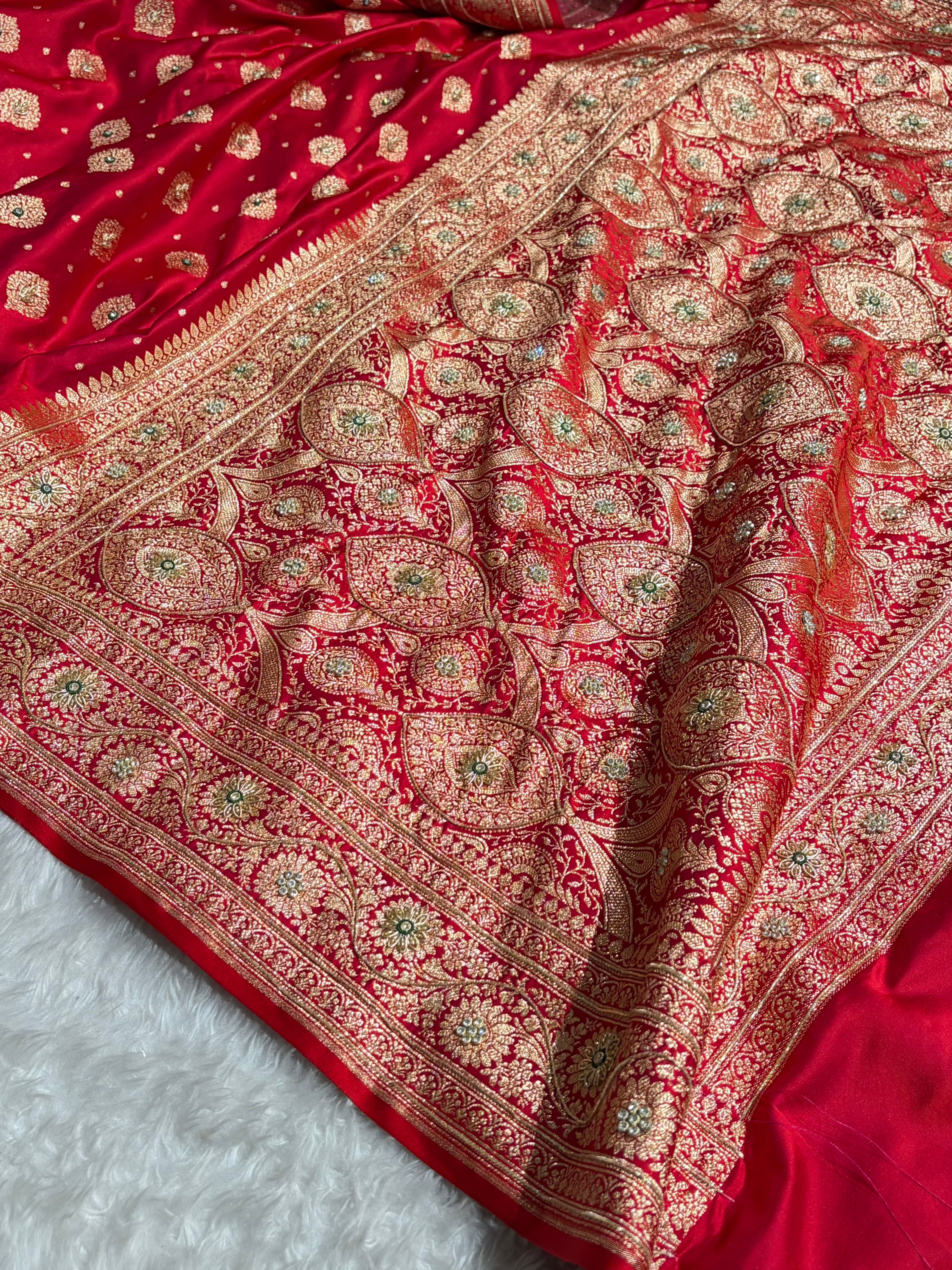 Bridal Red Unique Boota Pattern With Stone & Ari Work Satin Katan Silk Saree BSK69