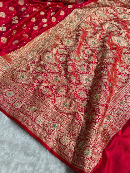 Bridal Red Unique Boota Pattern With Stone & Ari Work Satin Katan Silk Saree BSK69