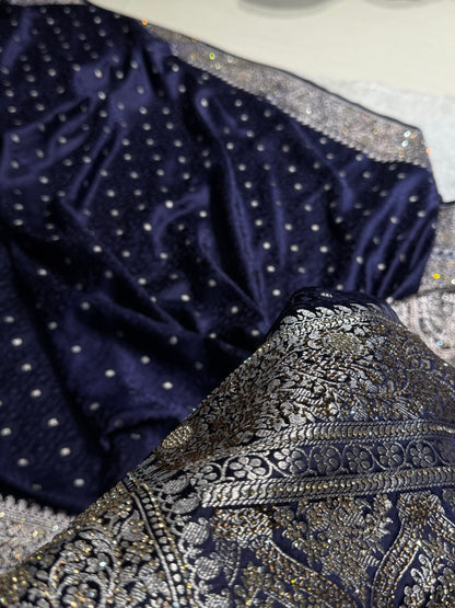 Navy Blue Shades Booti Tanchoi With White Swarovski Work Mashru Silk Saree BMS49