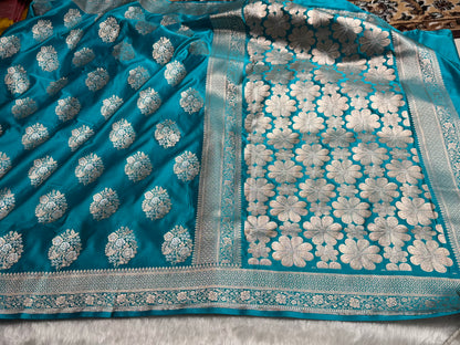 Premium Banarasi Satin Katan Saree With Minakari Boota in Rama Shades SK93