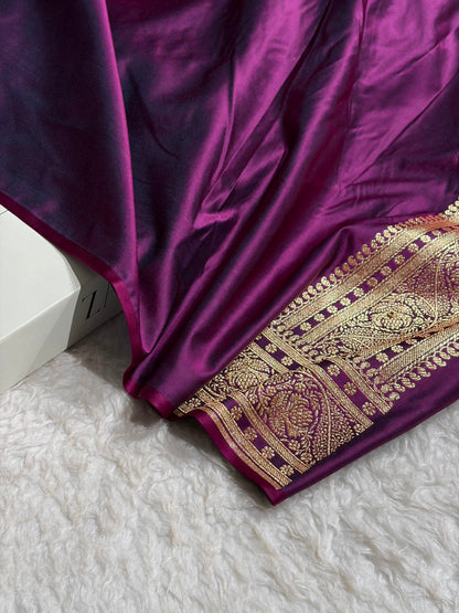 Banarasi Wine Shades Cross Floral Pattern With Zardozi Work Satin Katan Silk Saree BSK79