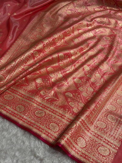 Banarasi Baby Pink Shades Cross Pattern Banarasi Satin Silk Saree SS52