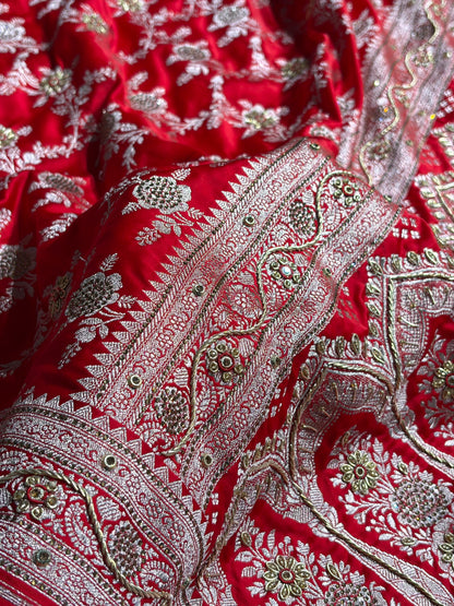 Bridal Red Mashru Silk with Bananasi Ari and swarovski work BMS28