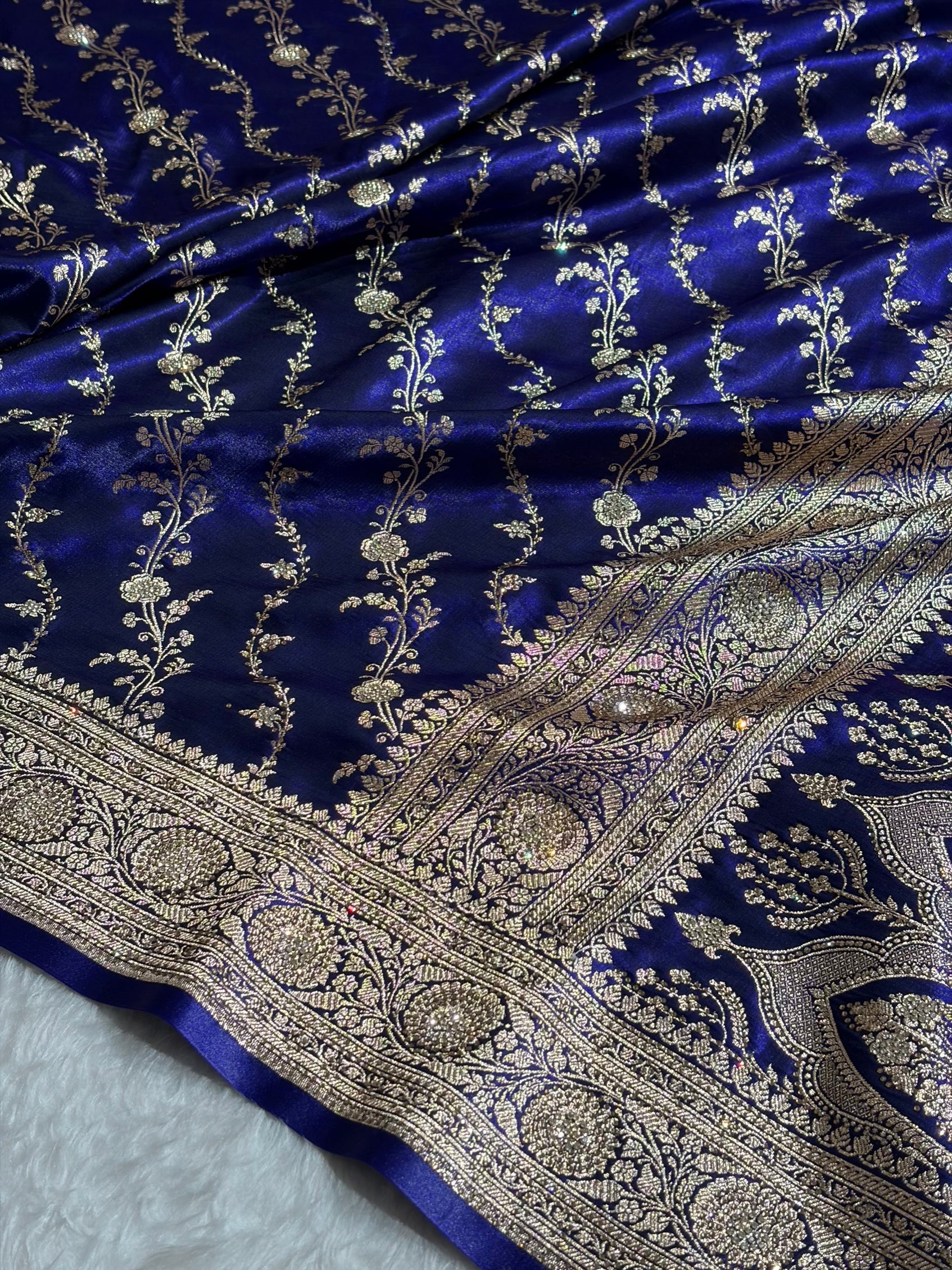 Satin Silk Cross Pattern With Swarovski Work in Royal Blue Shades BSS37