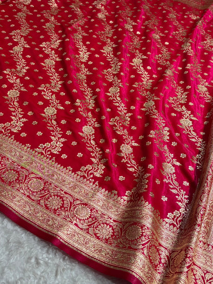 Satin Silk Saree Cross with Booti in Cross Rani Shades SS24