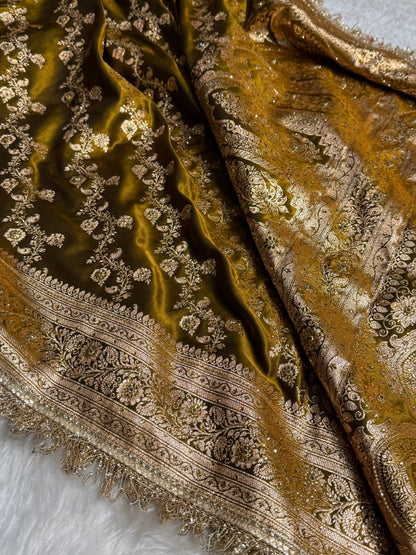 Bridal Mehandi Gold Cross Satin Silk with Ari and Stone work