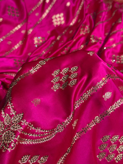 Rani Floral Boota Pattern With Bananas Swarovski Stone Work Satin Katan Silk saree BSK39