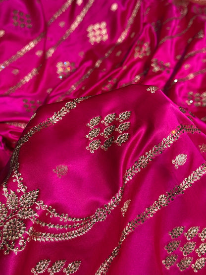 Rani Floral Boota Pattern With Siroski Stone Work Satin Katan Silk saree BSK39