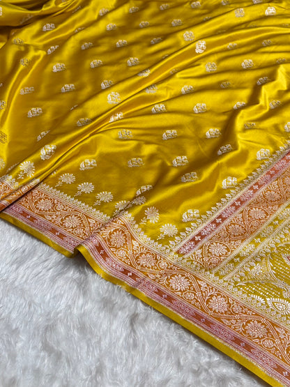 Mustard Shades Banarasi Minakari Floral Border Boota Mashru Silk Saree MS66