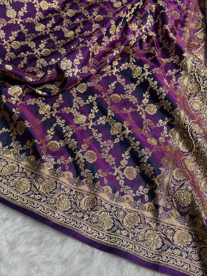 Wine Shades Jaal Floral Pattern With Zardozi And Swarovski Stone Work Satin Katan Silk Saree BSK80