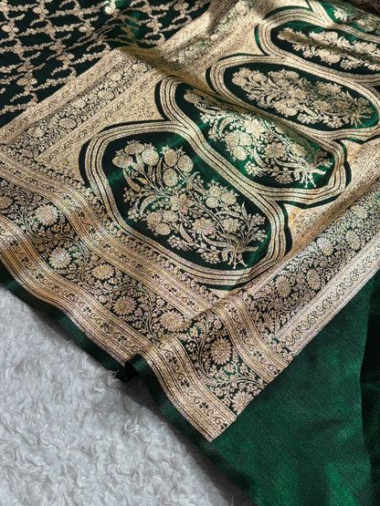 Bottle Green Shades Cross Pattern Banarasi Satin Silk Saree SS40