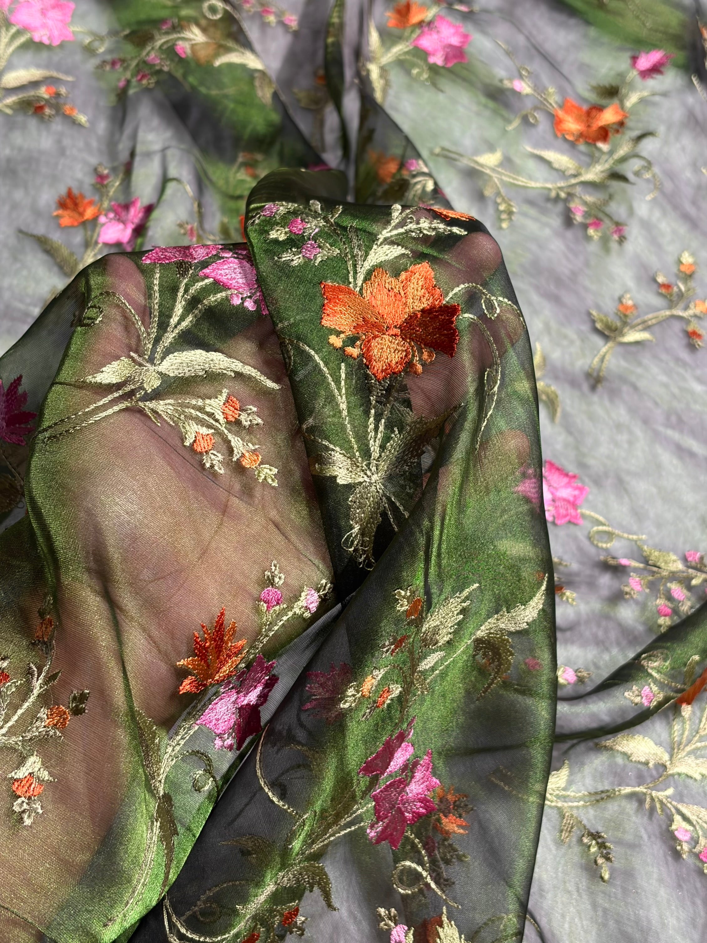 Bottle Green Shades With Floral Embroidered Pure Tissue Silk Saree with Brocade Blouse PTE-09