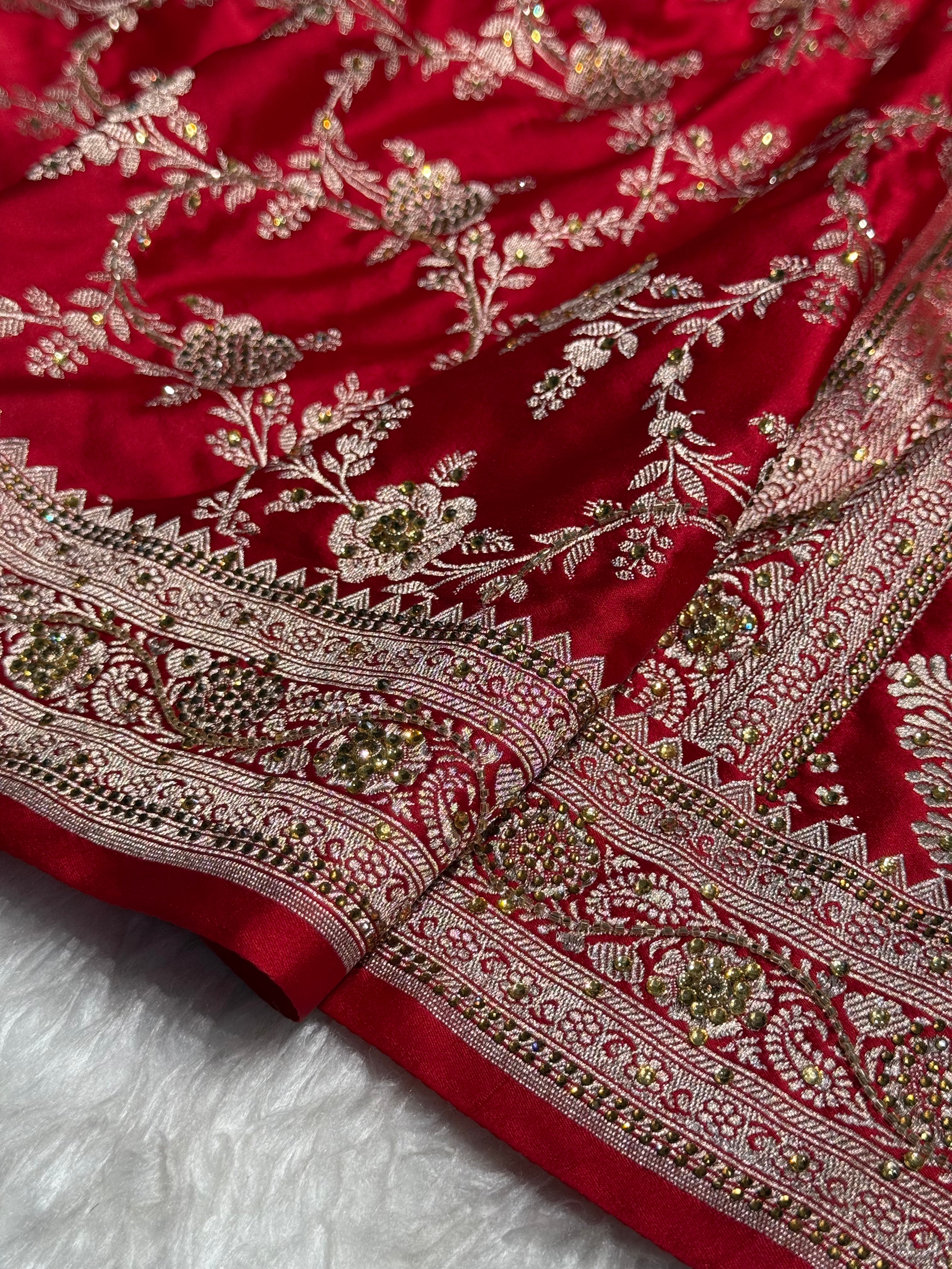 Red Mashru Silk with Ari and swarovski work