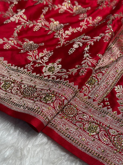 Red Mashru Silk with Ari and swarovski work