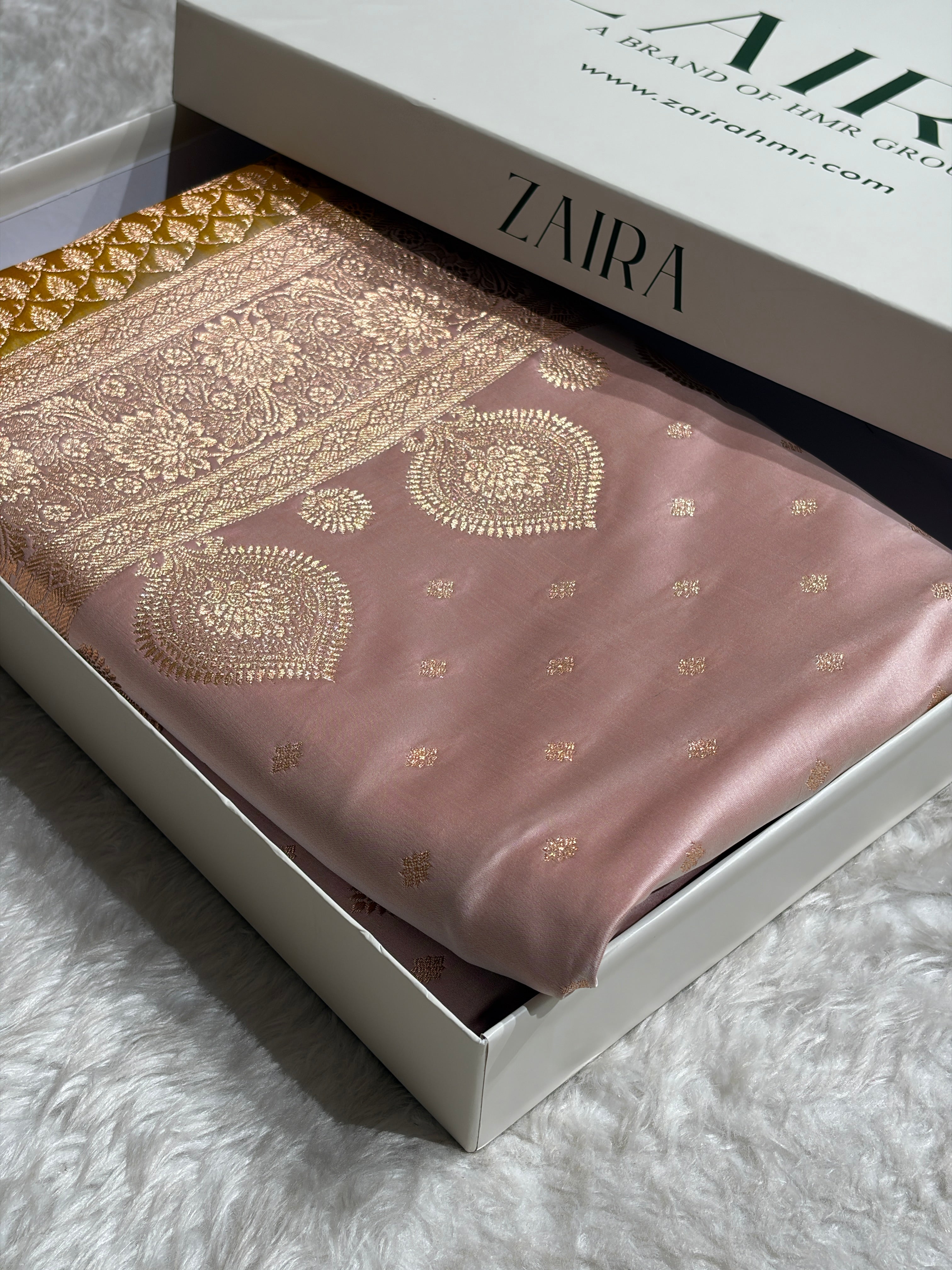 Banarasi Rose Gold with Mustard Booti Satin Katan Silk saree SK29