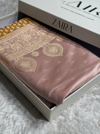 Banarasi Rose Gold with Mustard Booti Satin Katan Silk saree SK29