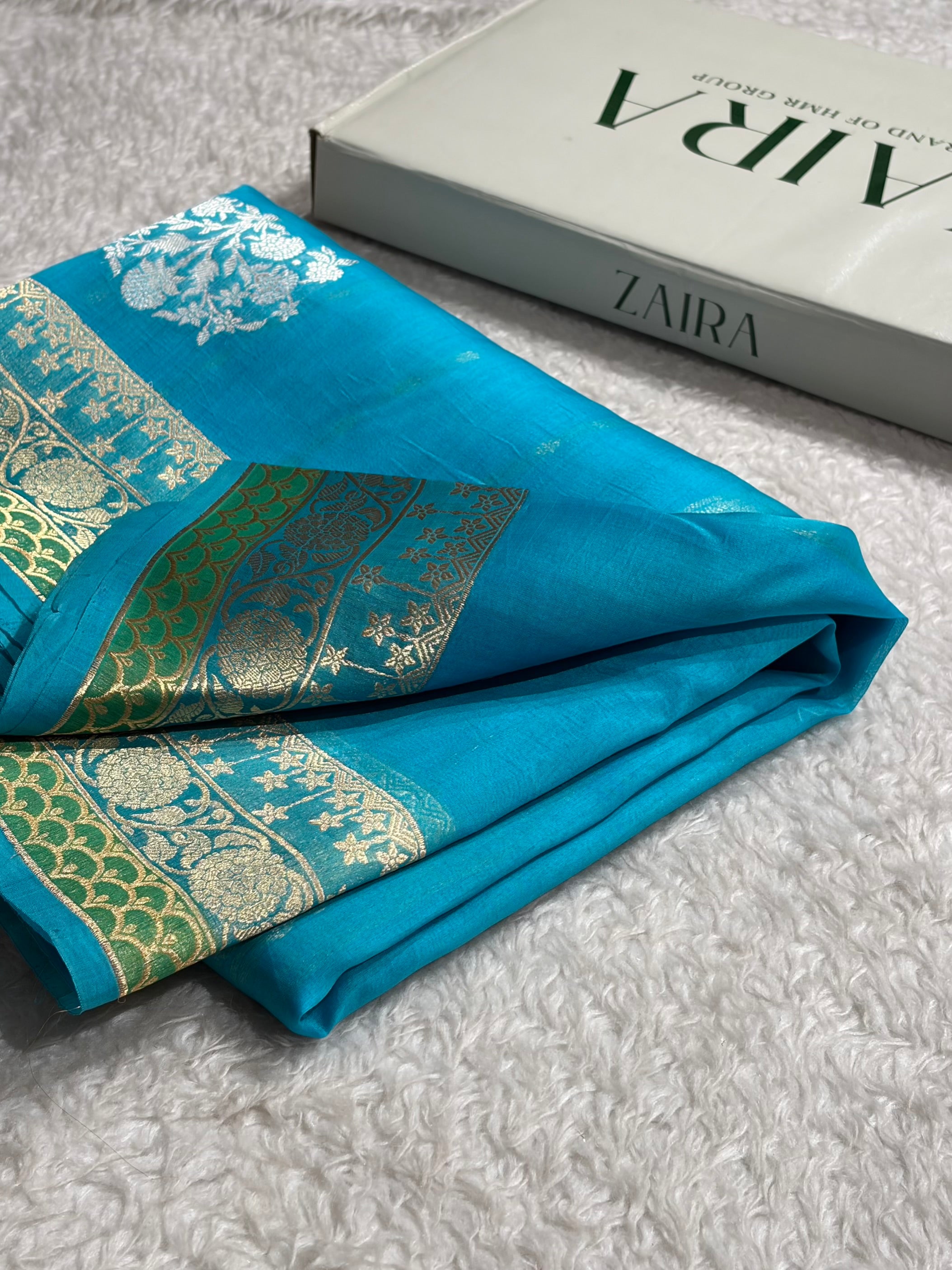 Banarasi Pure Organza Firozi Shades With Minakari Boota Banarasi Silk Saree PO-37