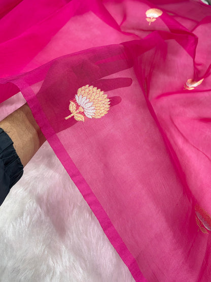 Pure Banarasi Organza Rani Shades With Minakari Floral Banarasi Silk Saree PO-23