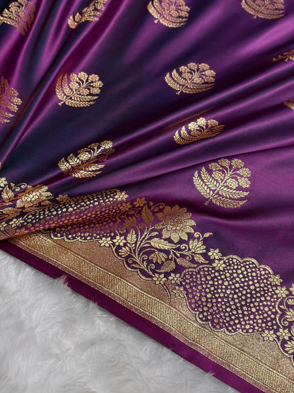 Wine Unique Boota Pattern Satin Katan Silk Saree SK70