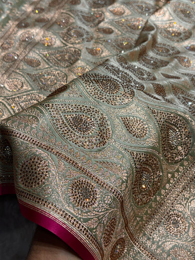 Pista Shades Cross With Swarovski Work Satin Katan Silk Saree BSK17