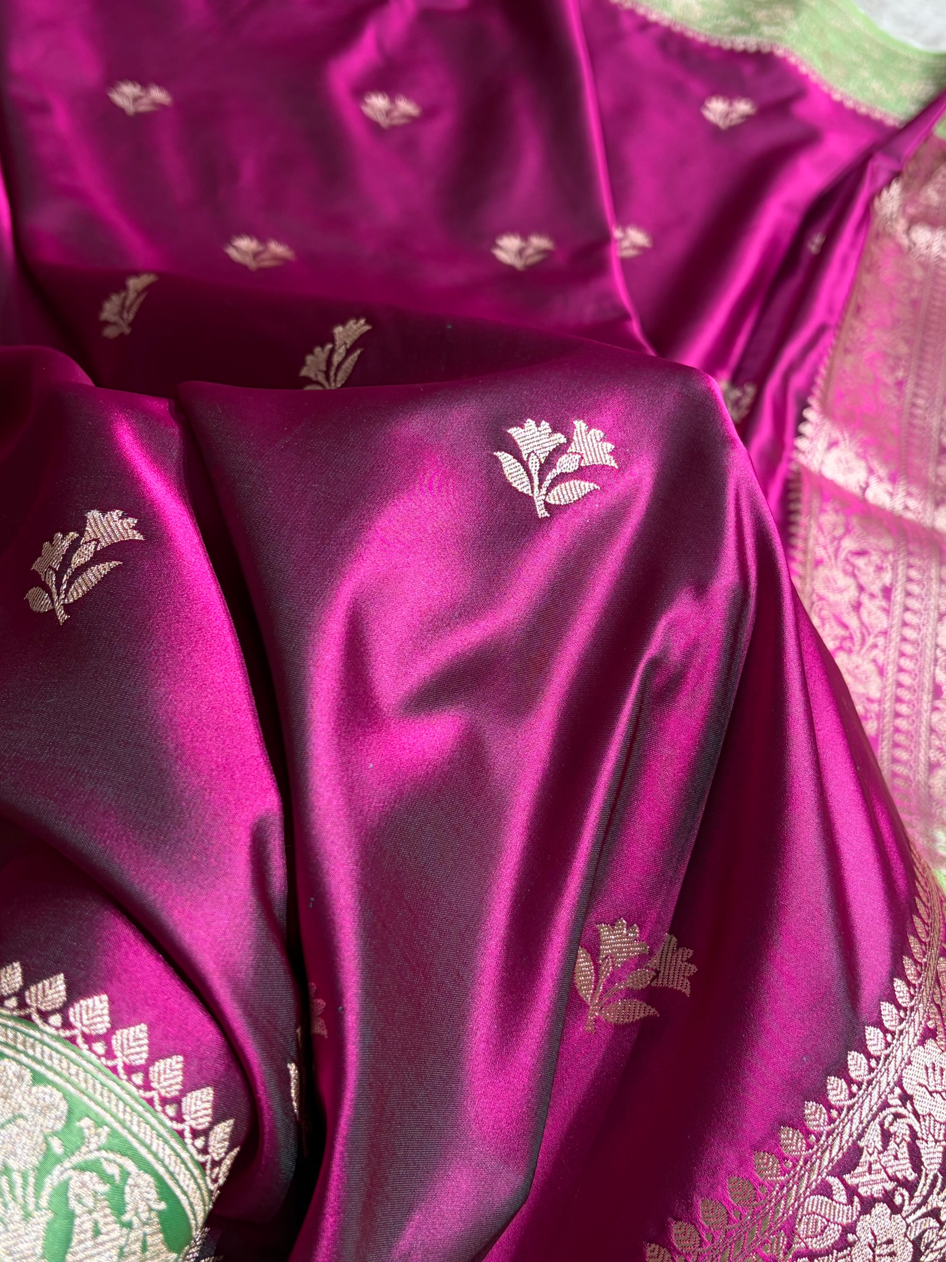 Contrast Wine / Olive Gold Shades Banarasi Booti Pattern Mashru Silk Saree MSM-138