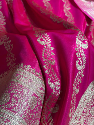 Pink Contrast Shades Cross Pattern Banarasi Satin Silk Saree SS39