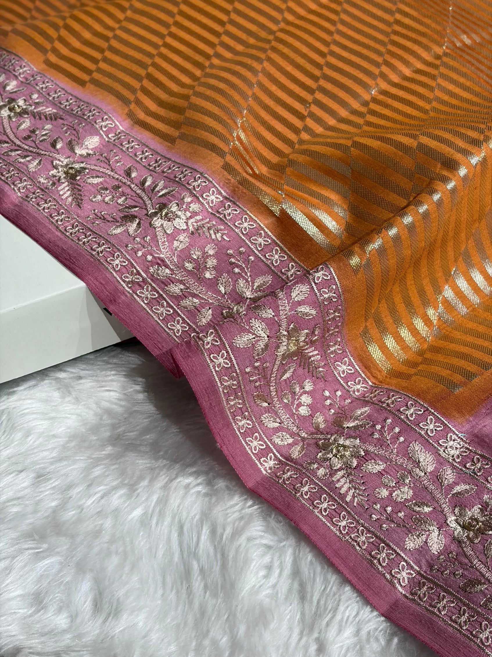 Banarasi Pure Organza Contrast Rust With Baby Shades Banarasi Silk Saree PO-42