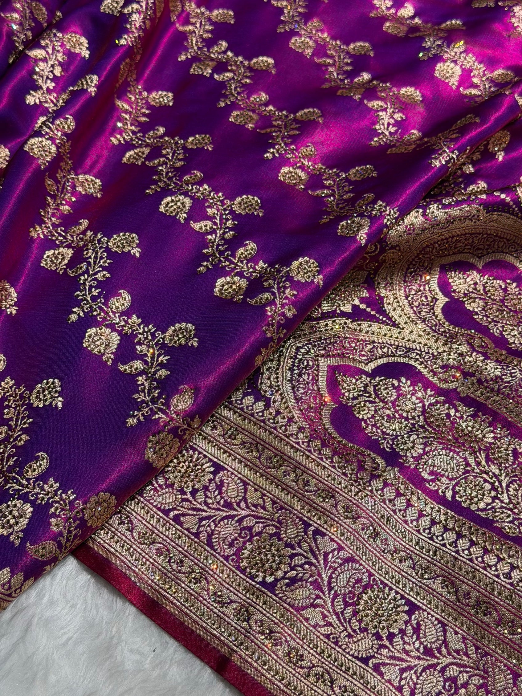 Cross Purple Shades Banarasi Cross Jaal With Stone Work Satin Silk Saree BSS11