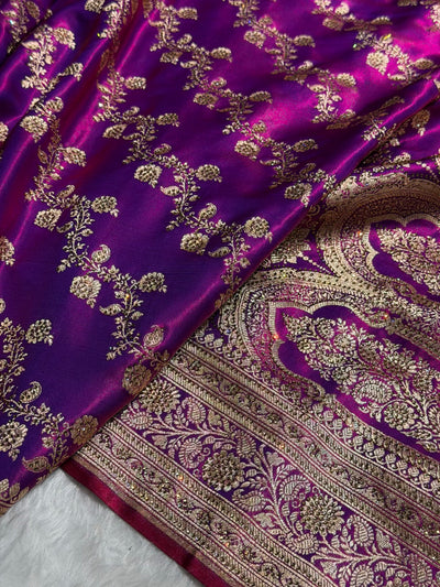Cross Purple Shades Banarasi Cross Jaal With Stone Work Satin Silk Saree BSS11
