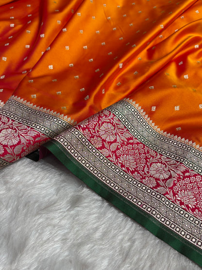 Contrast Cross Orange With Rani Floral Border Mashru Silk Saree MSM-99