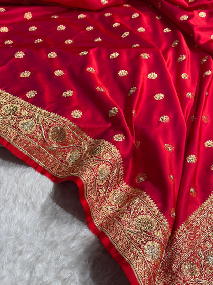 Banarasi Cross Red Work Pattern Satin Katan Silk Saree BSK72