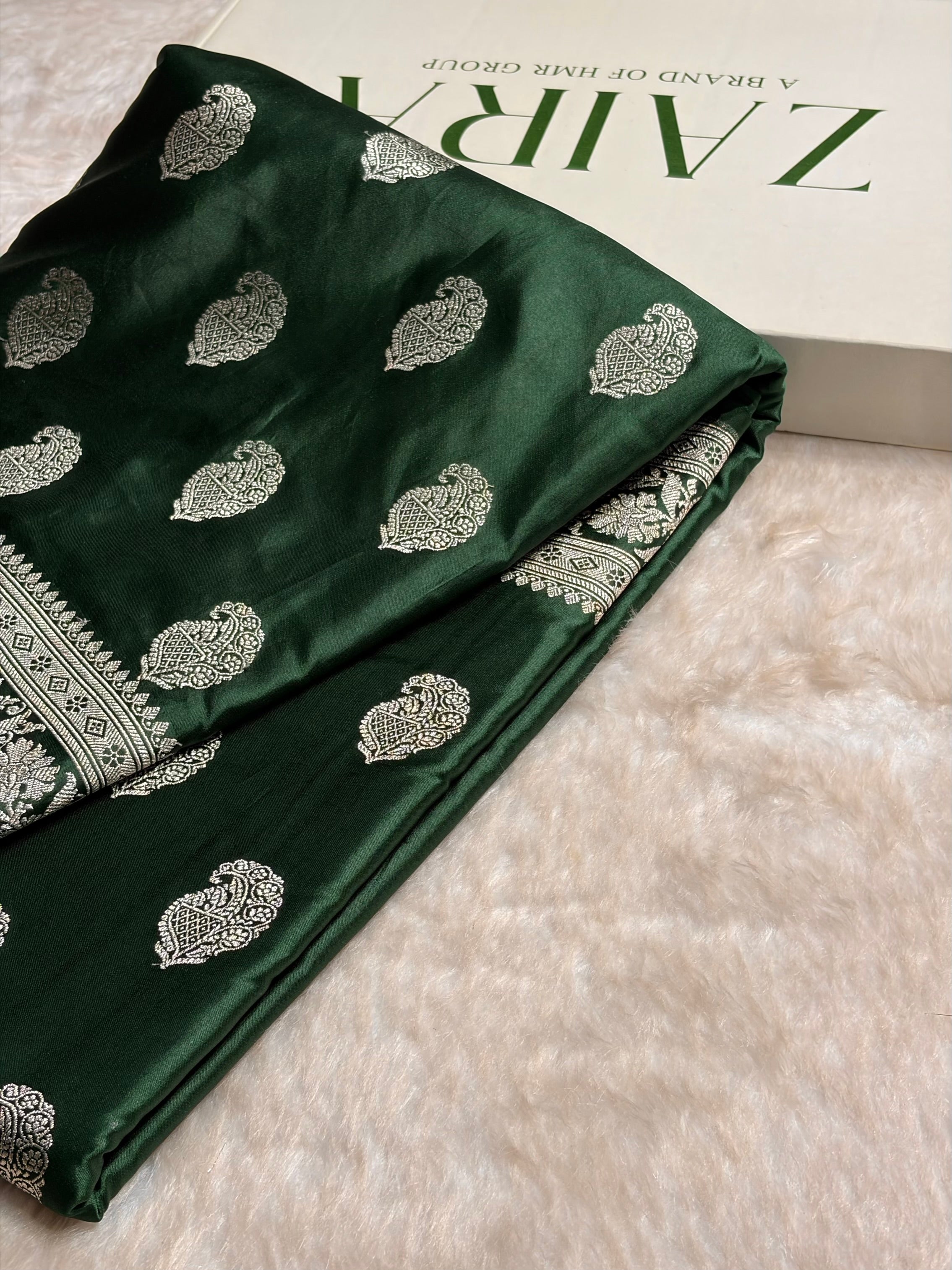 Dark Bottle Green Shades Minakari Motif Mashru Silk Saree MS09