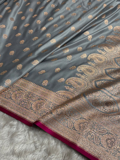 Floral boota Satin katan Silk Saree In Grey Shades SK12