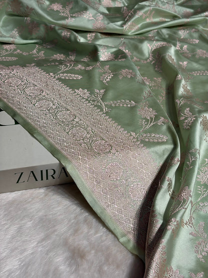 Light Pista Banarasi Jaal Mashru Silk Saree MS23