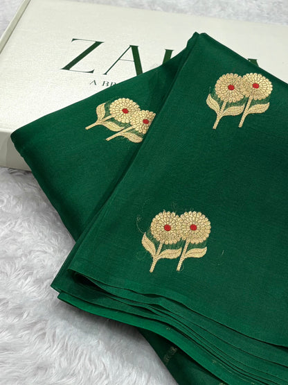 Pure Banarasi Organza Bottle Green Shades With Minakari Floral Banarasi Silk Saree PO-26