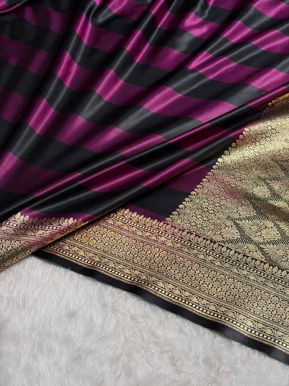 Wine With Black Horizontal Strips Floral Border & Brocket Blouse Mashru Silk Saree MSM-84