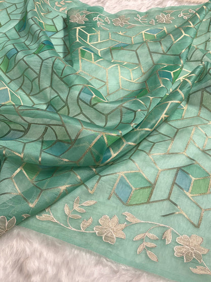 Pure Organza Rangkat Turquoise Floral Border Banarasi Silk Saree PO-07