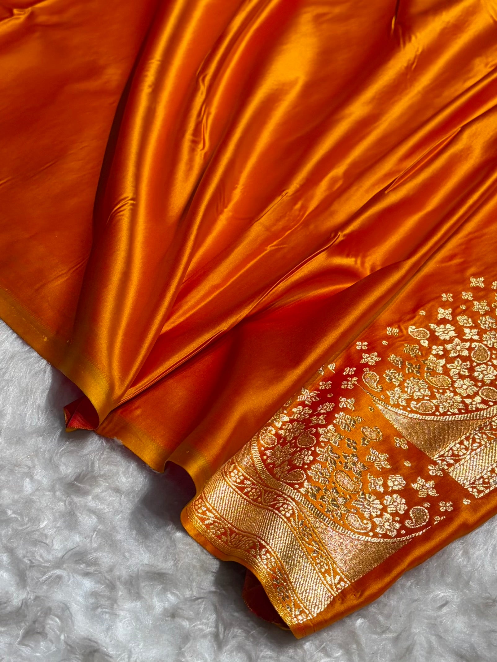 Fire Gold Floral Banasari Pattern Satin Katan Silk Saree SK83