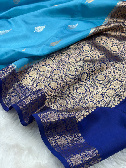 Banarasi Sky Blue With Navy Blue Contrast Shades Boota Handwoven Pure Paper Silk RM-77