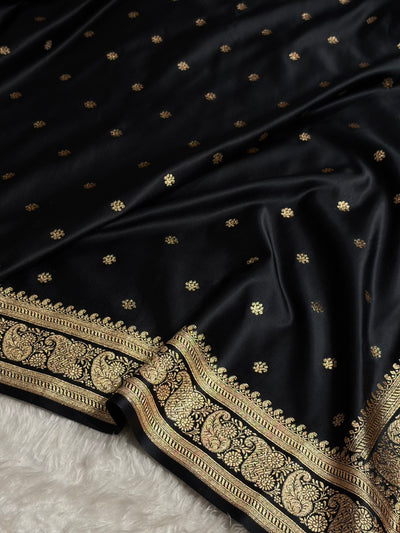 Banarasi Satin Katan Saree With Boota Pattern in Black Shades SK127