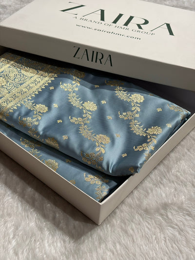 Banarasi Satin Katan Saree With Jaal Pattern in Sky Blue Shades SK121