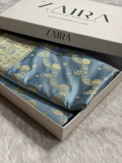 Banarasi Satin Katan Saree With Jaal Pattern in Sky Blue Shades SK121