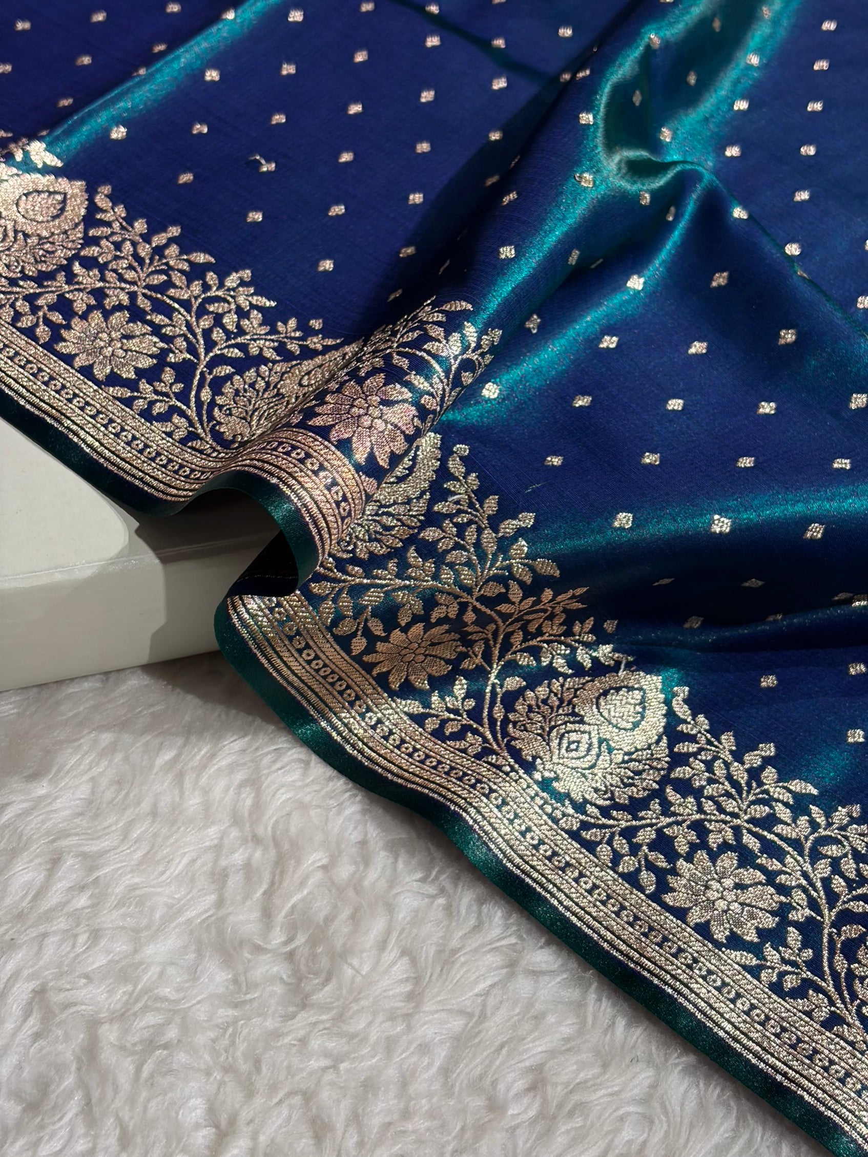 Satin Silk Saree Floral Boota in Peacock Shades SS28