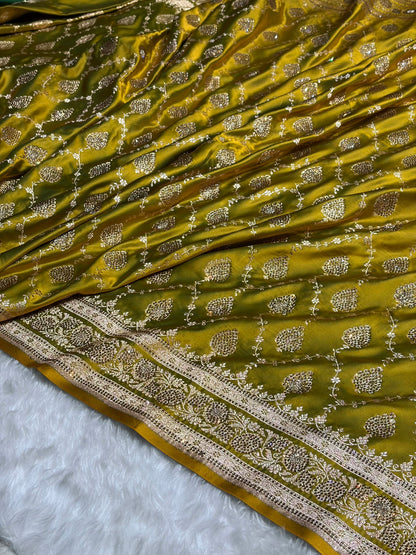 Mehandi Green Floral Jaal Pattern with Sewarovsi Work Satin Katan Silk saree BSK42