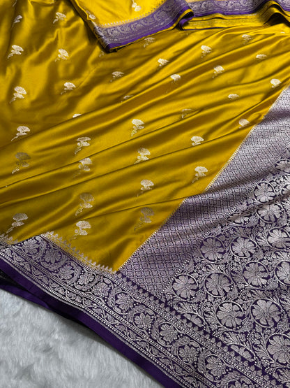 Contrast Mustard With Dark Purple Shades Minakari Boota Mashru Silk Saree