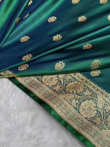 Cross Green Floral Boota Pattern Satin Katan Silk Saree SK72