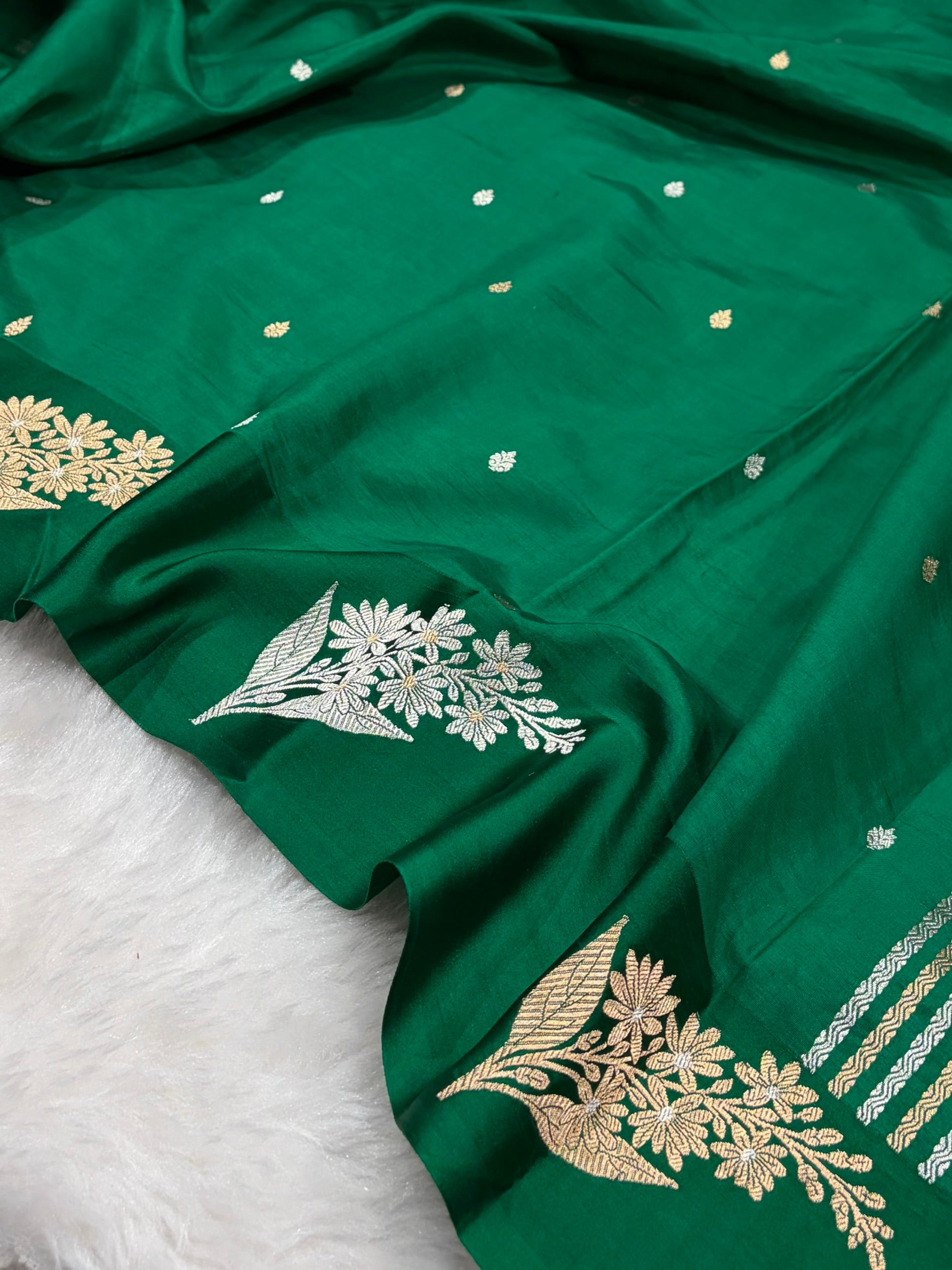 Banarasi Bottle Green Shades Meena Boota Handwoven Pure Katan Paper Silk RM-73