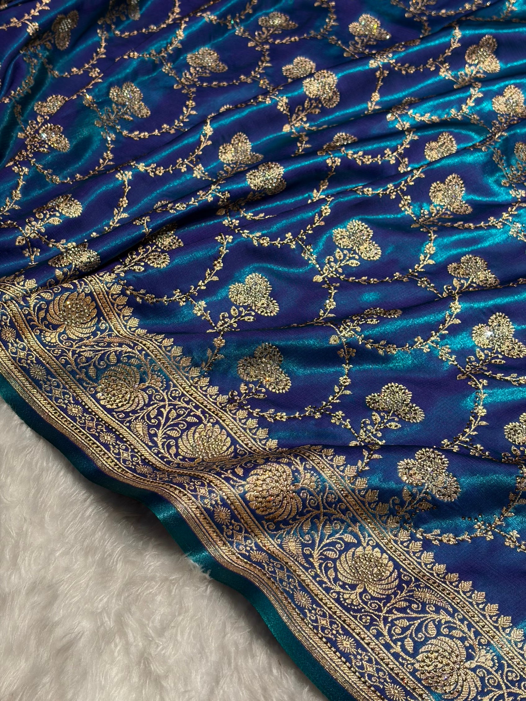 Satin Silk Saree Swarovski Work Jaal in Peacock Blue Shades BSS23 (R)